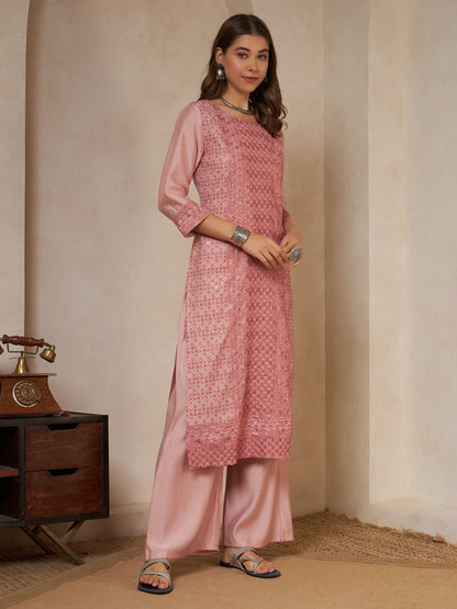 Olive Green Embroidered Silk Women's Kurta,Palazzo and Dupatta Set