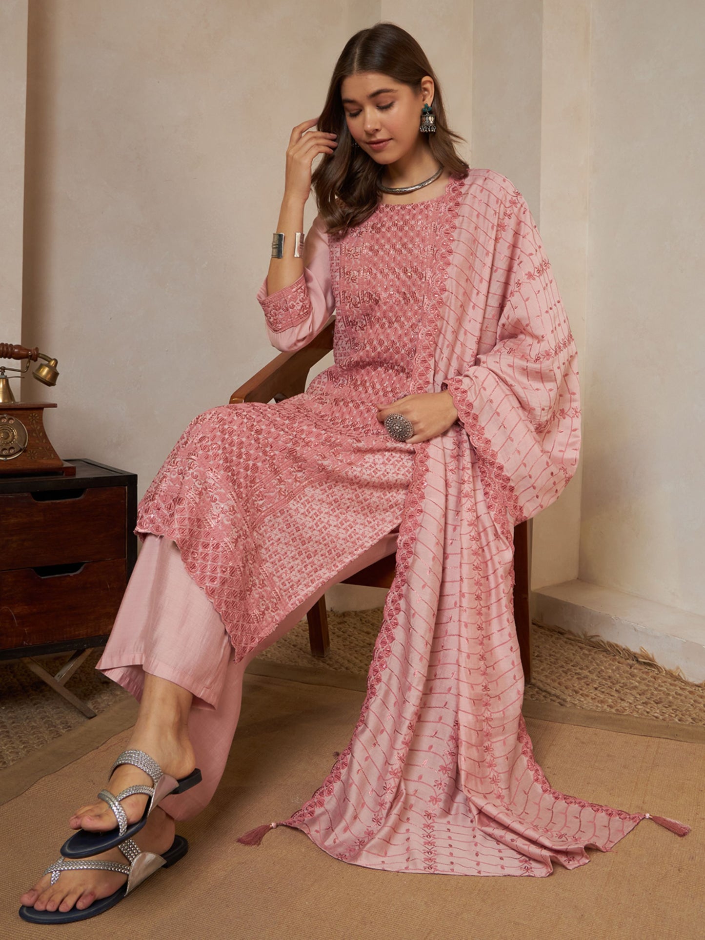 Olive Green Embroidered Silk Women's Kurta,Palazzo and Dupatta Set