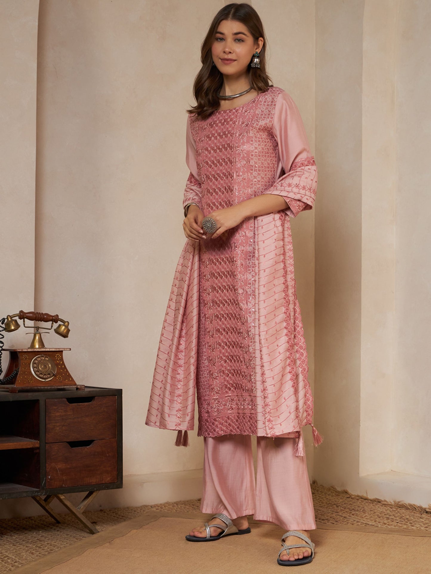 Olive Green Embroidered Silk Women's Kurta,Palazzo and Dupatta Set