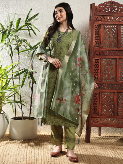 Olive Green Embroidered Viscose Women's Kurta, Pyjama & Dupatta Set