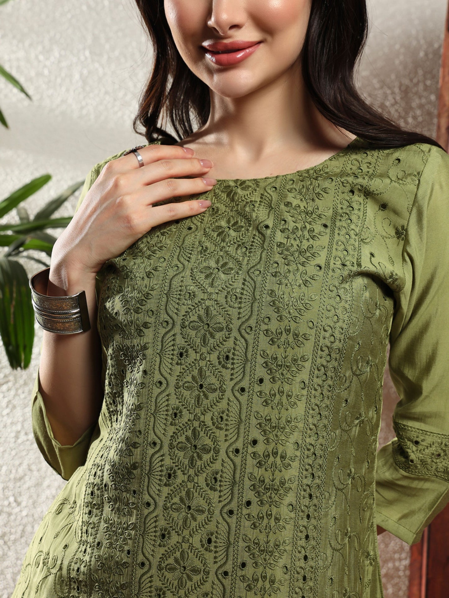 Olive Green Embroidered Viscose Women's Kurta, Pyjama & Dupatta Set