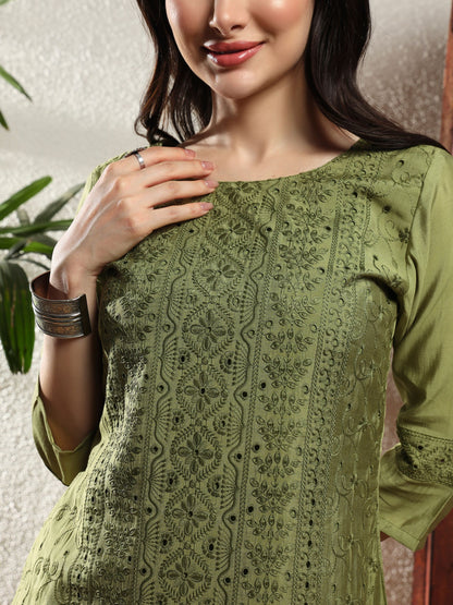 Olive Green Embroidered Viscose Women's Kurta, Pyjama & Dupatta Set