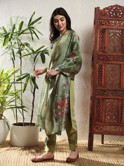 Olive Green Embroidered Viscose Women's Kurta, Pyjama & Dupatta Set