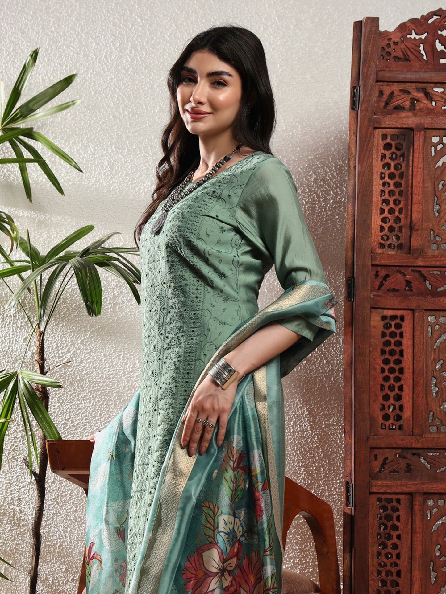 Viridian Blue Embroidered Viscose Women's Kurta, Pyjama & Dupatta Set