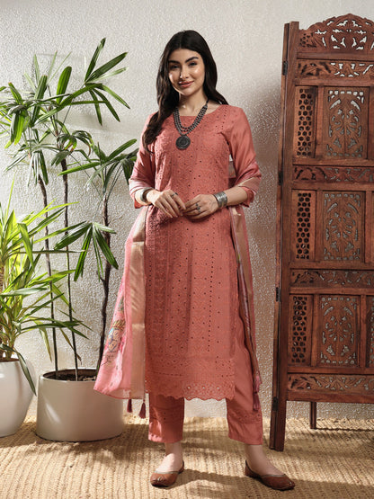 Salmon Orange Embroidered Viscose Women's Kurta, Pyjama & Dupatta Set