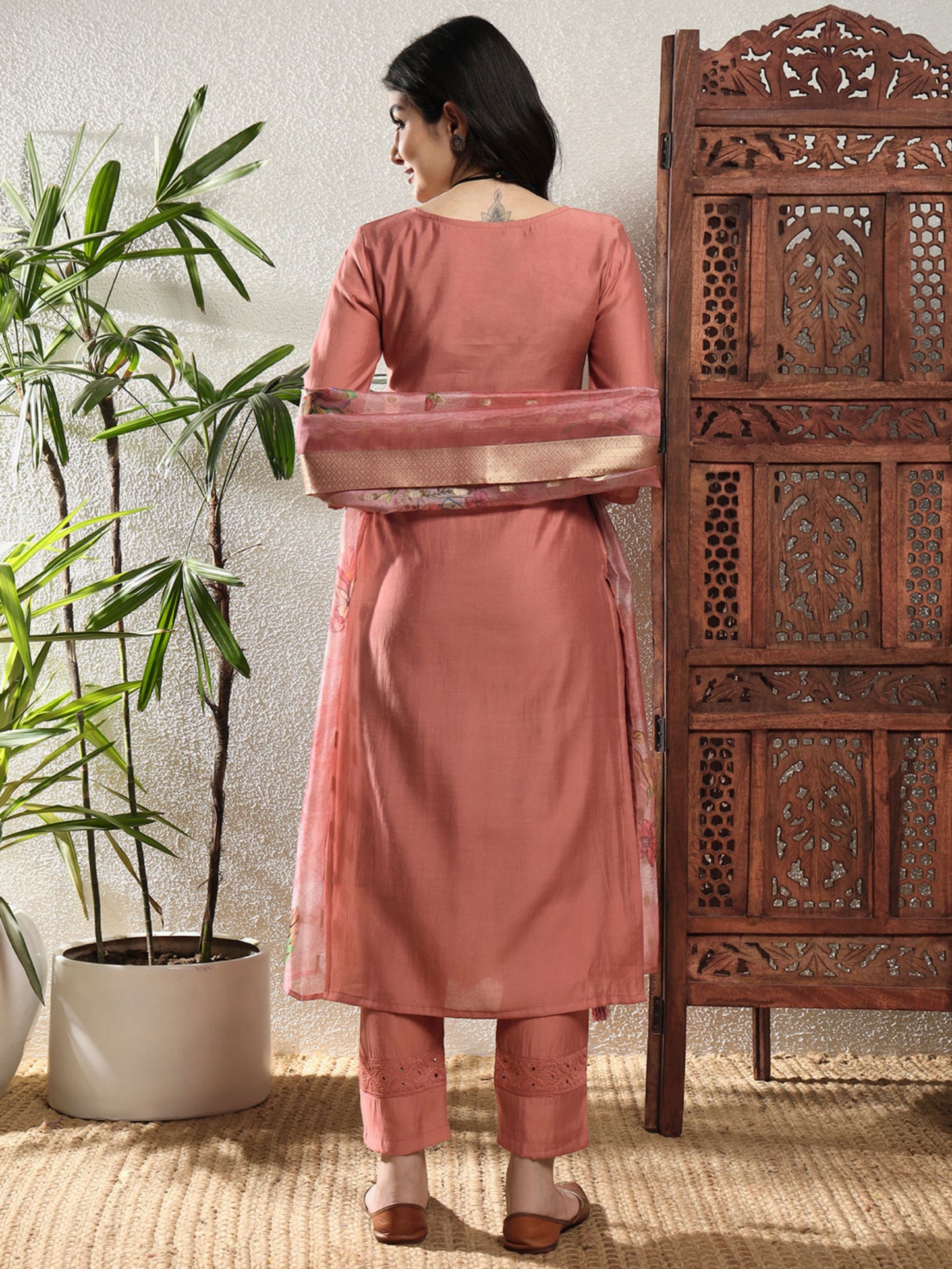 Salmon Orange Embroidered Viscose Women's Kurta, Pyjama & Dupatta Set