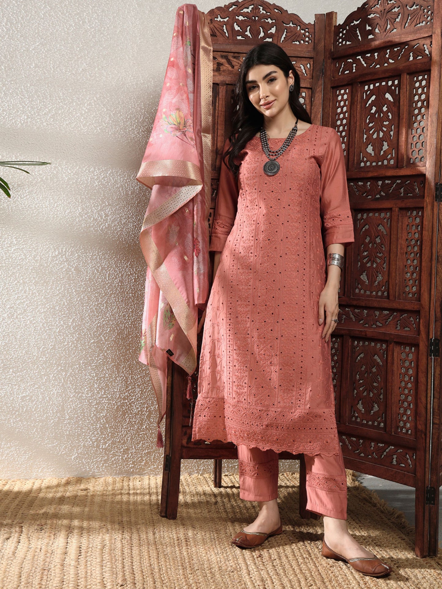 Salmon Orange Embroidered Viscose Women's Kurta, Pyjama & Dupatta Set