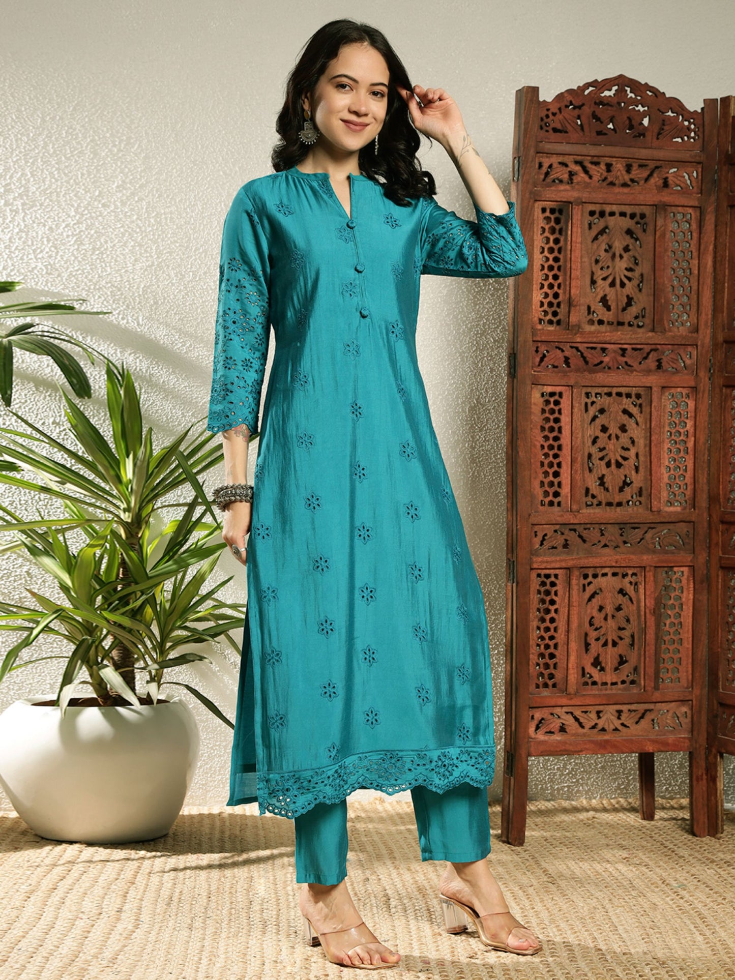 Dark Cyan Schiffily Viscose Women's Kurta, Pyjama & Dupatta Set