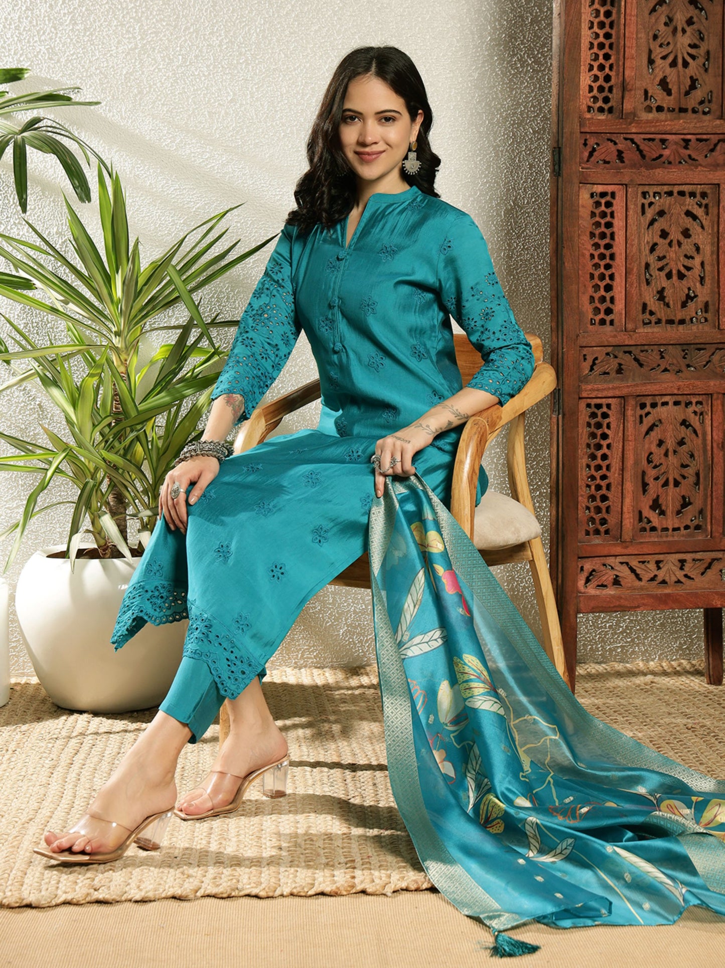 Dark Cyan Schiffily Viscose Women's Kurta, Pyjama & Dupatta Set