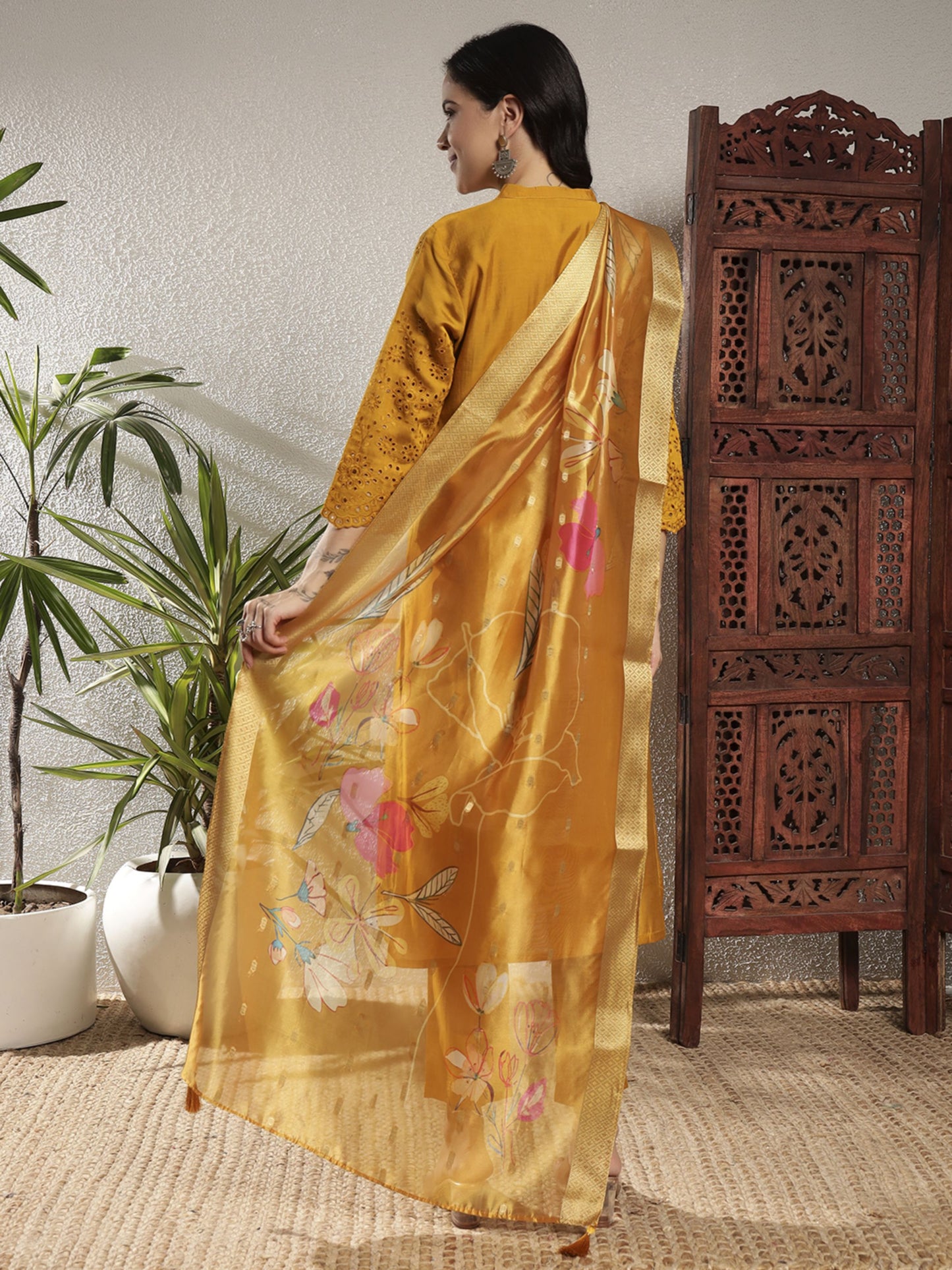 Mustard Schiffily Viscose Women's Kurta, Pyjama & Dupatta Set