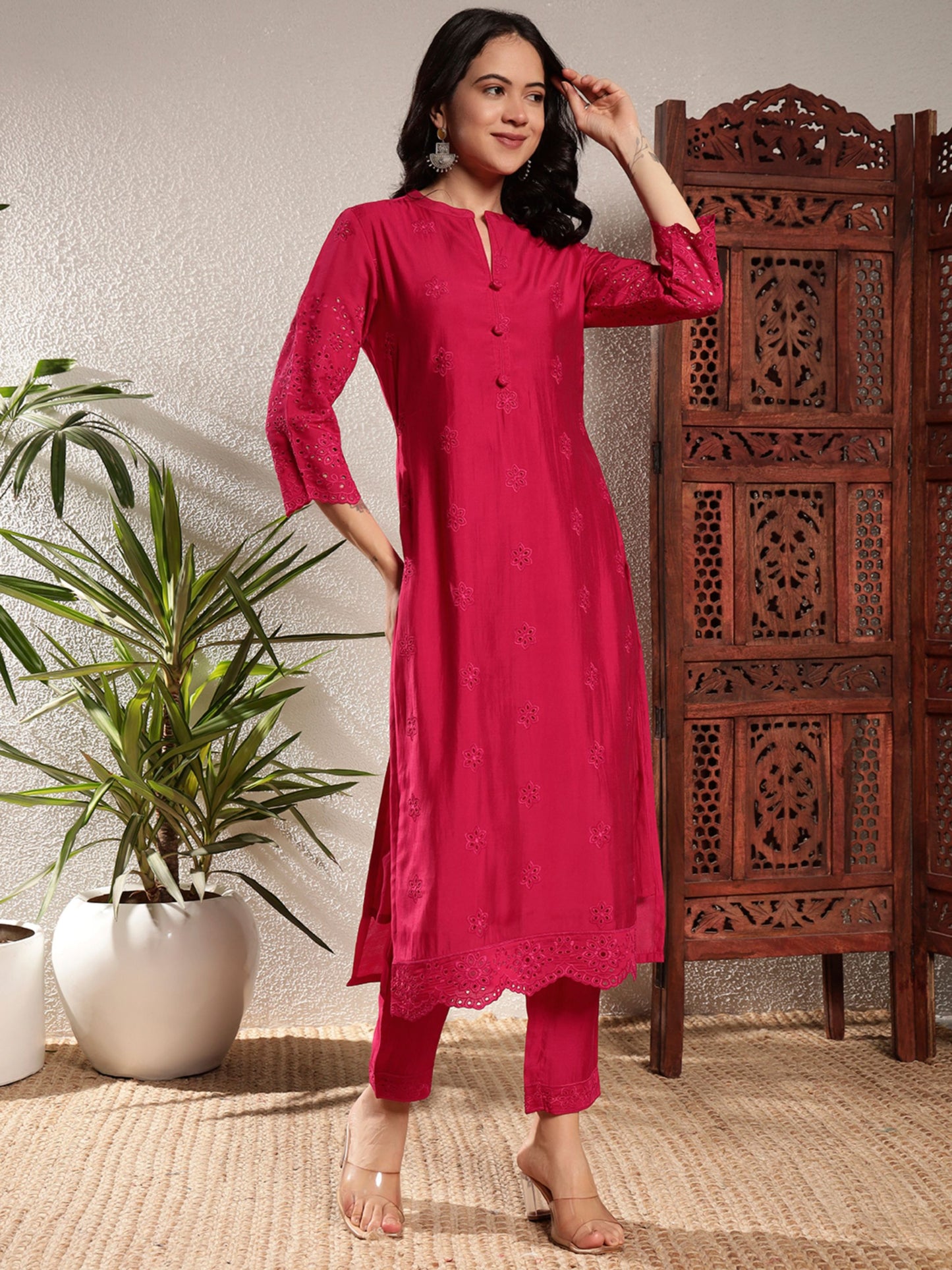 Raspberry Pink Schiffily Viscose Women's Kurta, Pyjama & Dupatta Set