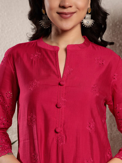 Raspberry Pink Schiffily Viscose Women's Kurta, Pyjama & Dupatta Set