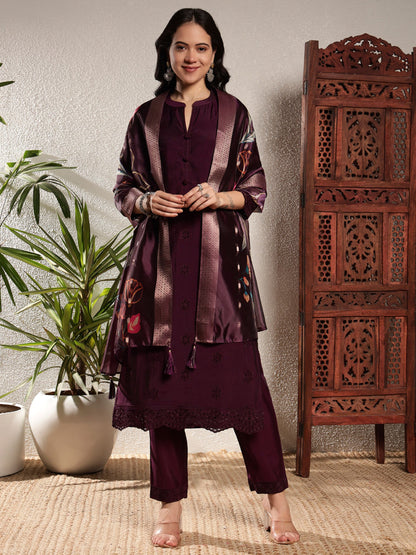 Wine Schiffily Viscose Women's Kurta, Pyjama & Dupatta Set