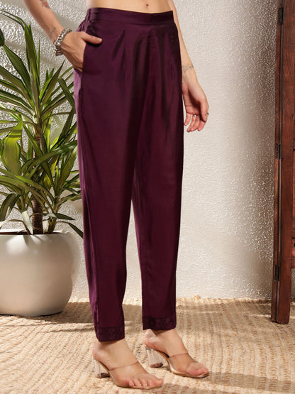 Wine Schiffily Viscose Women's Kurta, Pyjama & Dupatta Set