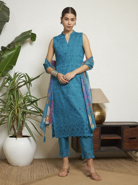 Dark Cyan Embroidered Silk Women's Kurta, Pyjama & Dupatta Set