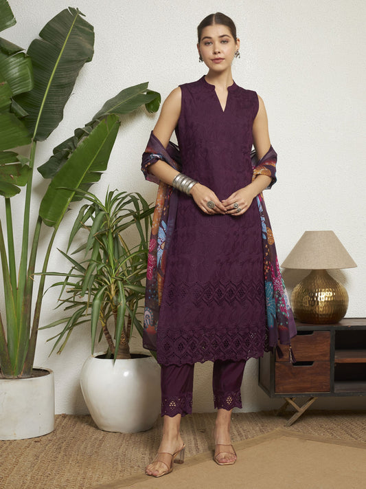 Wine Embroidered Silk Women's Kurta, Pyjama & Dupatta Set