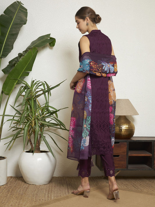 Wine Embroidered Silk Women's Kurta, Pyjama & Dupatta Set