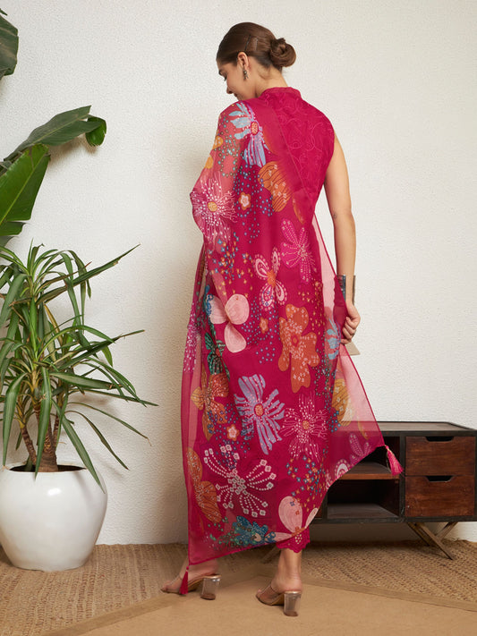 Dark Pink Embroidered Silk Women's Kurta, Pyjama & Dupatta Set