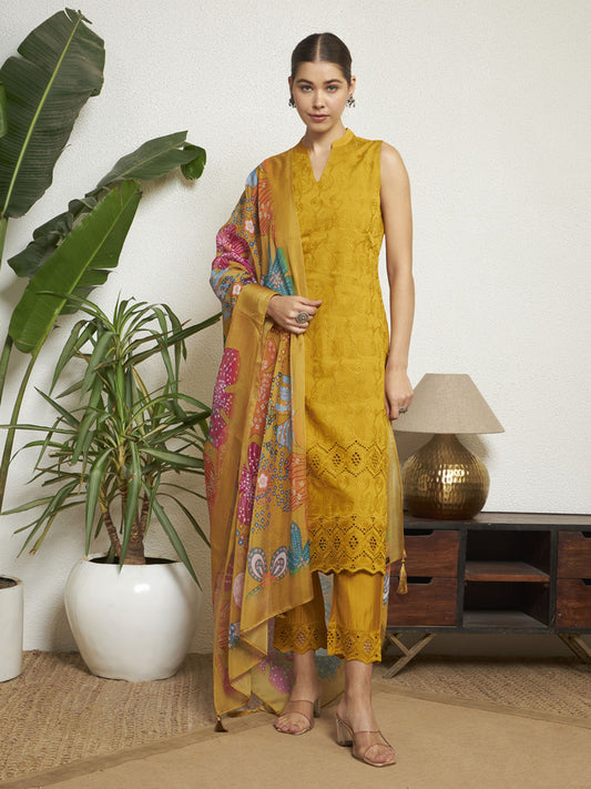 Gold Yellow Embroidered Silk Women's Kurta, Pyjama & Dupatta Set
