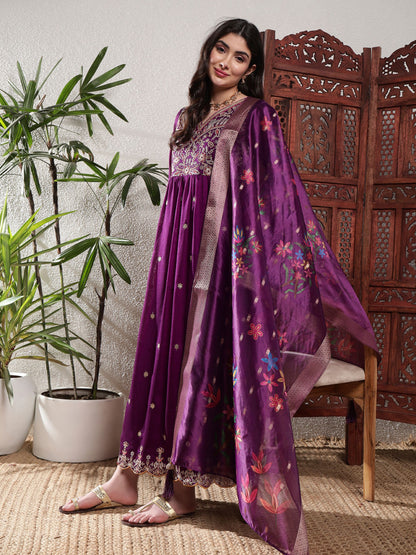 Dark Purple Embroidered Silk Women's Kurta, Pyjama & Dupatta Set