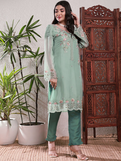 Topaz Green Embroidered Silk Women's Kurta, Pyjama & Dupatta Set