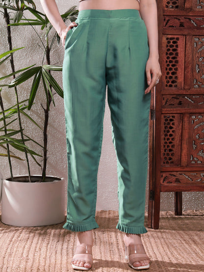 Topaz Green Embroidered Silk Women's Kurta, Pyjama & Dupatta Set