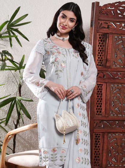 Baby Blue Embroidered Silk Women's Kurta, Pyjama & Dupatta Set