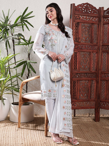 Baby Blue Embroidered Silk Women's Kurta, Pyjama & Dupatta Set