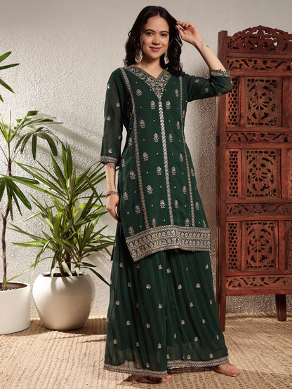 Sacramento Green Embroidered Georgette Women's Kurta and Palazzo Set