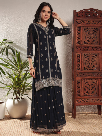 Navy Blue Embroidered Georgette Women's Kurta and Palazzo Set