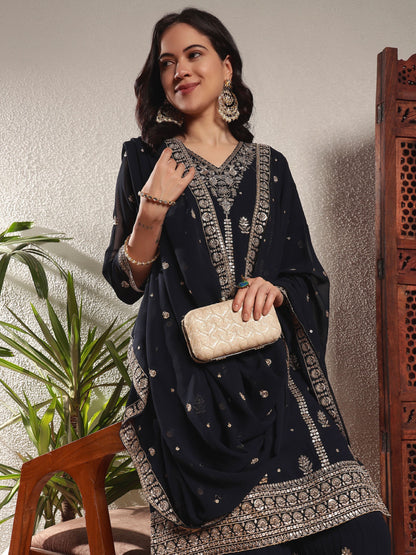 Navy Blue Embroidered Georgette Women's Kurta and Palazzo Set