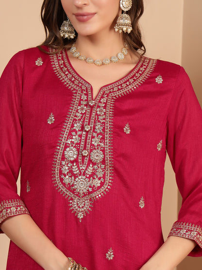 Crimson Pink Embroidered Silk Women's Kurta, Pyjama & Dupatta Set