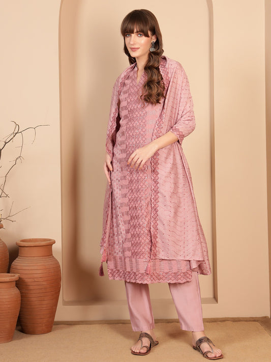 Dusty Rose Embroidered Silk Blend Women's Kurta, Pyjama & Dupatta Set