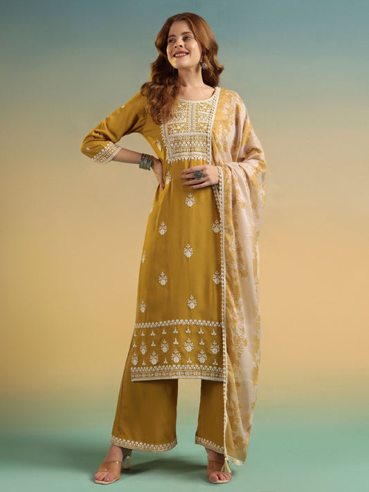 Old Gold Embroidered Rayon Women's Kurta and Palazzo Set