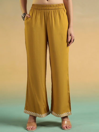 Old Gold Embroidered Rayon Women's Kurta and Palazzo Set