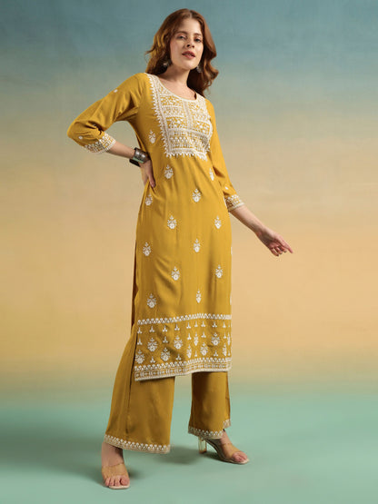 Old Gold Embroidered Rayon Women's Kurta and Palazzo Set