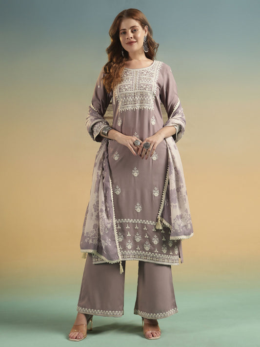 Purple Mauve Embroidered Rayon Women's Kurta and Palazzo Set