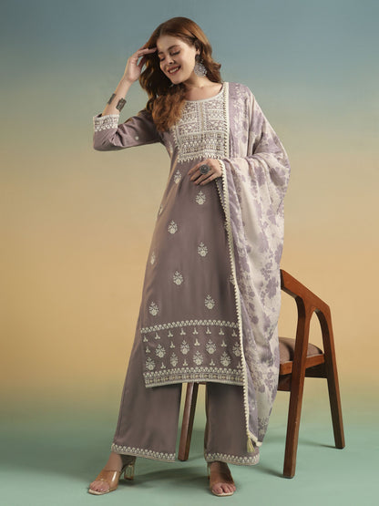 Purple Mauve Embroidered Rayon Women's Kurta and Palazzo Set