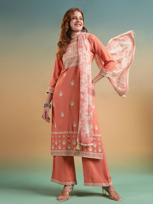 Peach Embroidered Rayon Women's Kurta and Palazzo Set