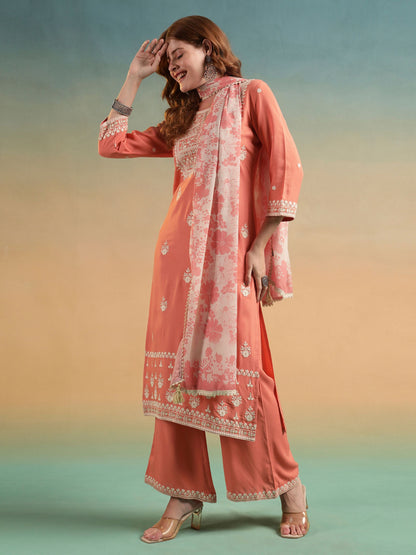 Peach Embroidered Rayon Women's Kurta and Palazzo Set