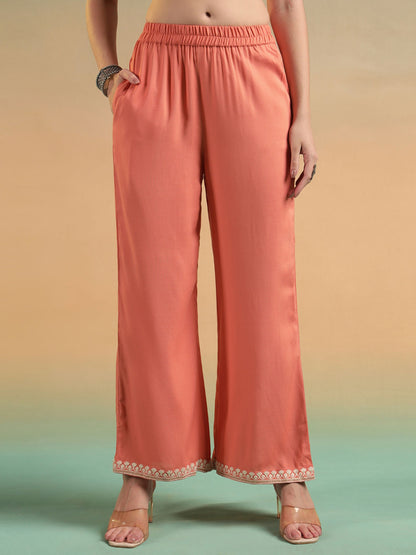Peach Embroidered Rayon Women's Kurta and Palazzo Set