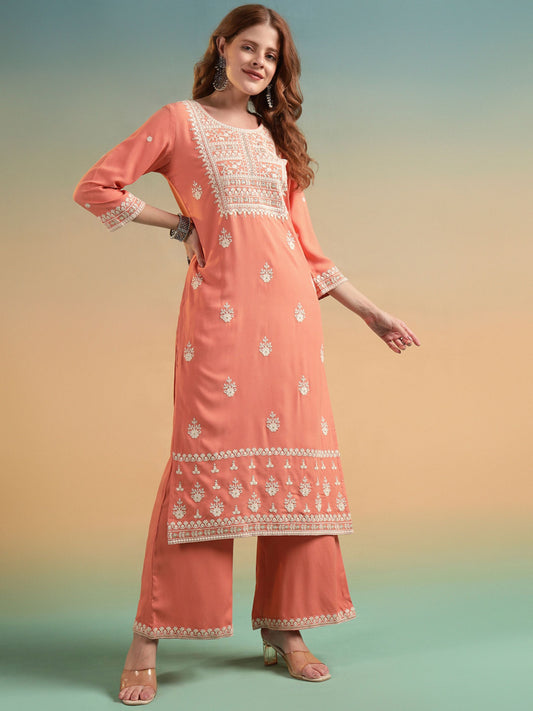Peach Embroidered Rayon Women's Kurta and Palazzo Set