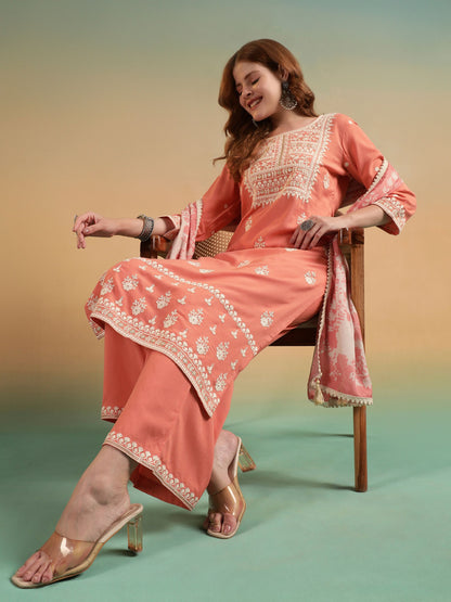 Peach Embroidered Rayon Women's Kurta and Palazzo Set