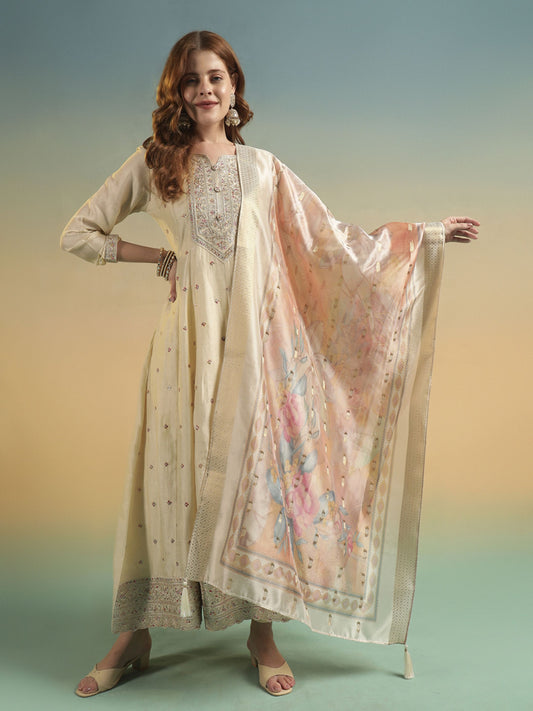 Pearl Cream Embroidered Silk Women's Kurta, Pyjama & Dupatta Set