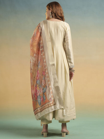 Pearl Cream Embroidered Silk Women's Kurta, Pyjama & Dupatta Set