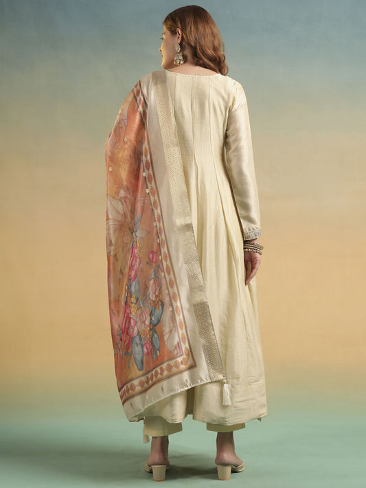 Pearl Cream Embroidered Silk Women's Kurta, Pyjama & Dupatta Set
