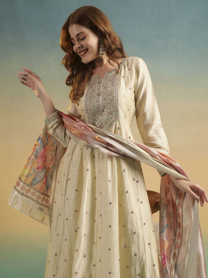 Pearl Cream Embroidered Silk Women's Kurta, Pyjama & Dupatta Set