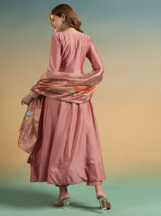 Peach Embroidered Silk Women's Kurta, Pyjama & Dupatta Set