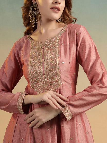 Peach Embroidered Silk Women's Kurta, Pyjama & Dupatta Set
