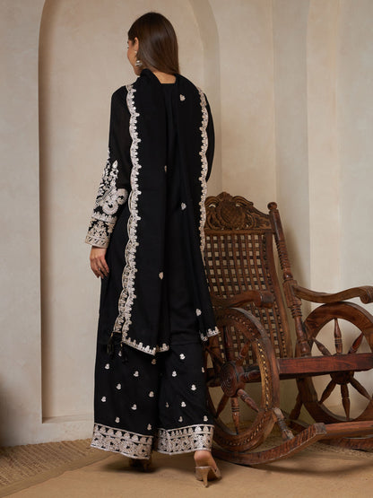 Black Embroidered Silk Women's Kurta,Palazzo and Dupatta Set